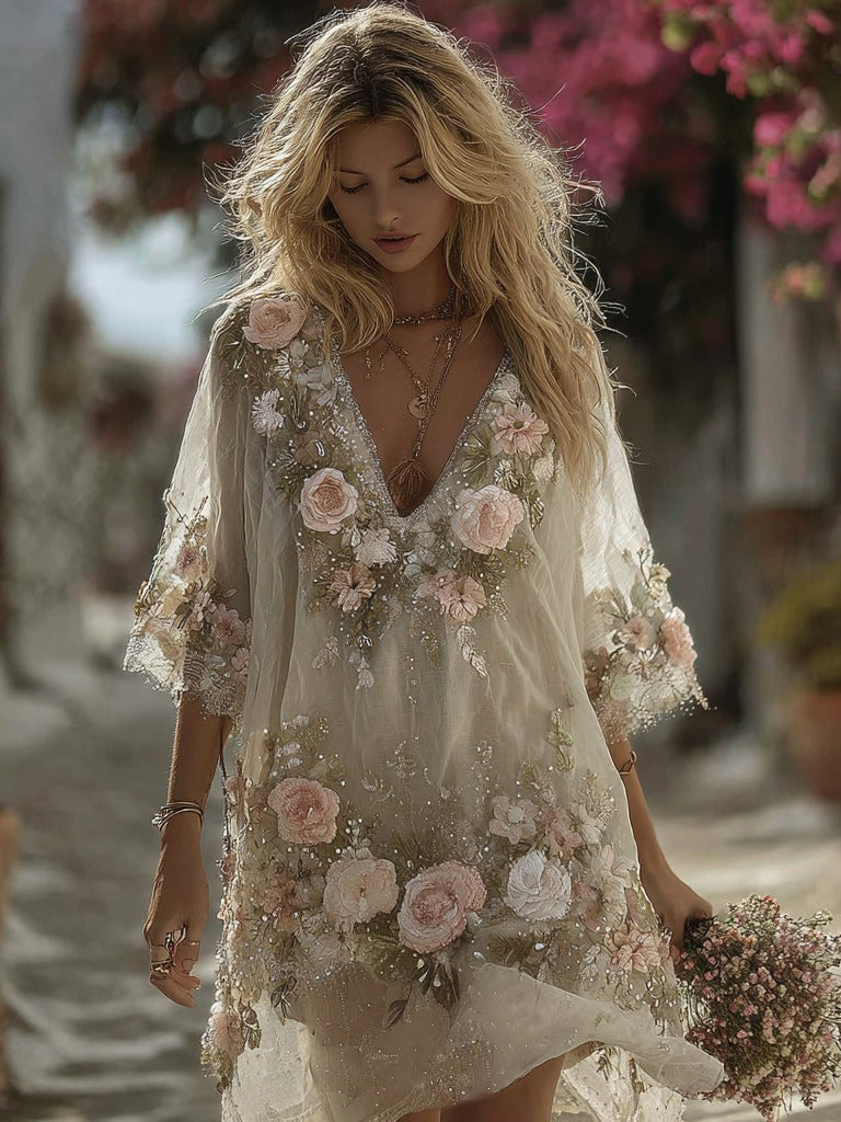 Vintage Floral Embroidery Short-sleeved Comfy Dress