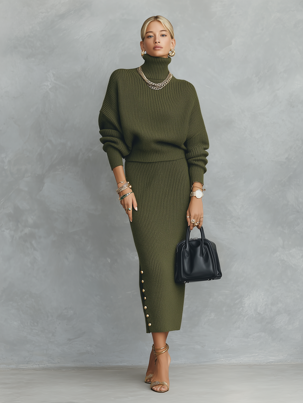 Quiet Luxury Olive Green Ribbed Knit Slim-Fit Midi Skirt And Turtleneck Sweater Set