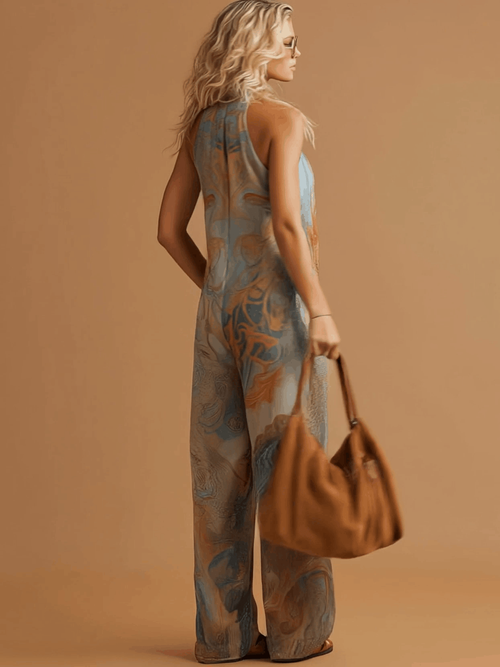 Vacation Retro Bohemian Print Chiffon Sleeveless Wide-Leg Jumpsuit