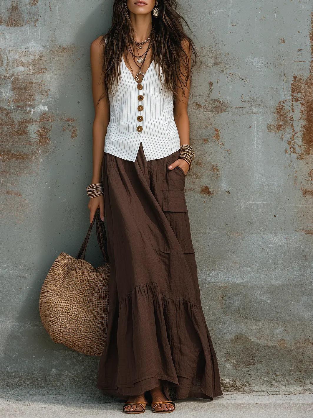 Vacation-Style White Cotton-Linen Sleeveless H-Line Maxi Dress
