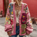 Women's Bohemian Flower Embroidery Patchwork Art V-neck Knit Sweater Cardigan