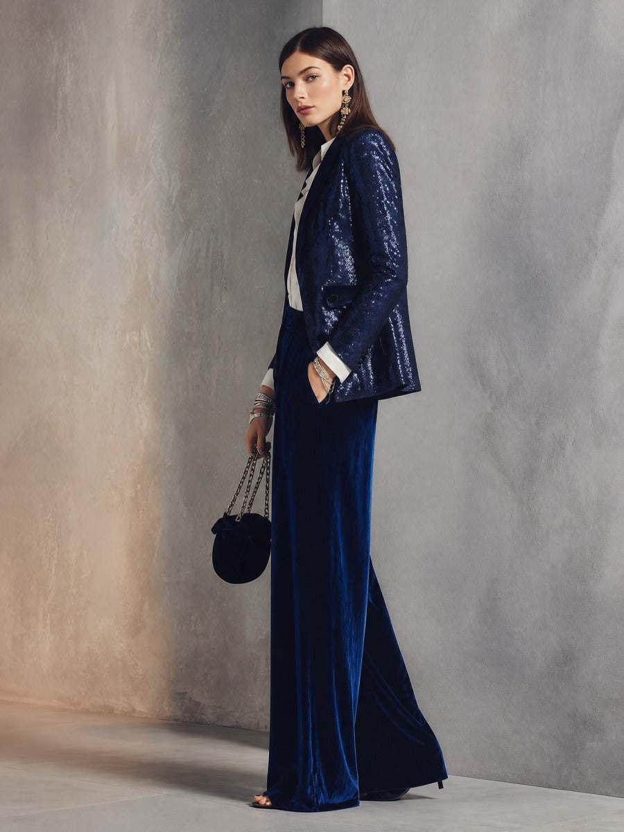 Sequin Blazer & Velvet Wide-Leg Pants Two-Piece Suit Set