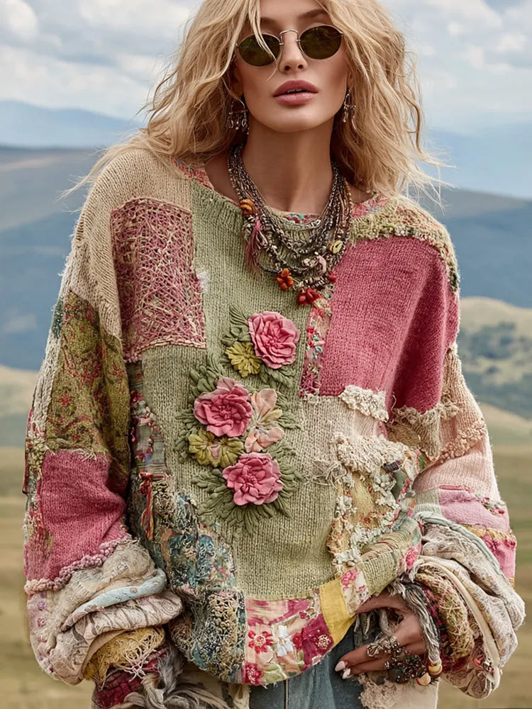Women's Vintage Floral Embroidery Patchwork Art Print Cozy Knit Sweater