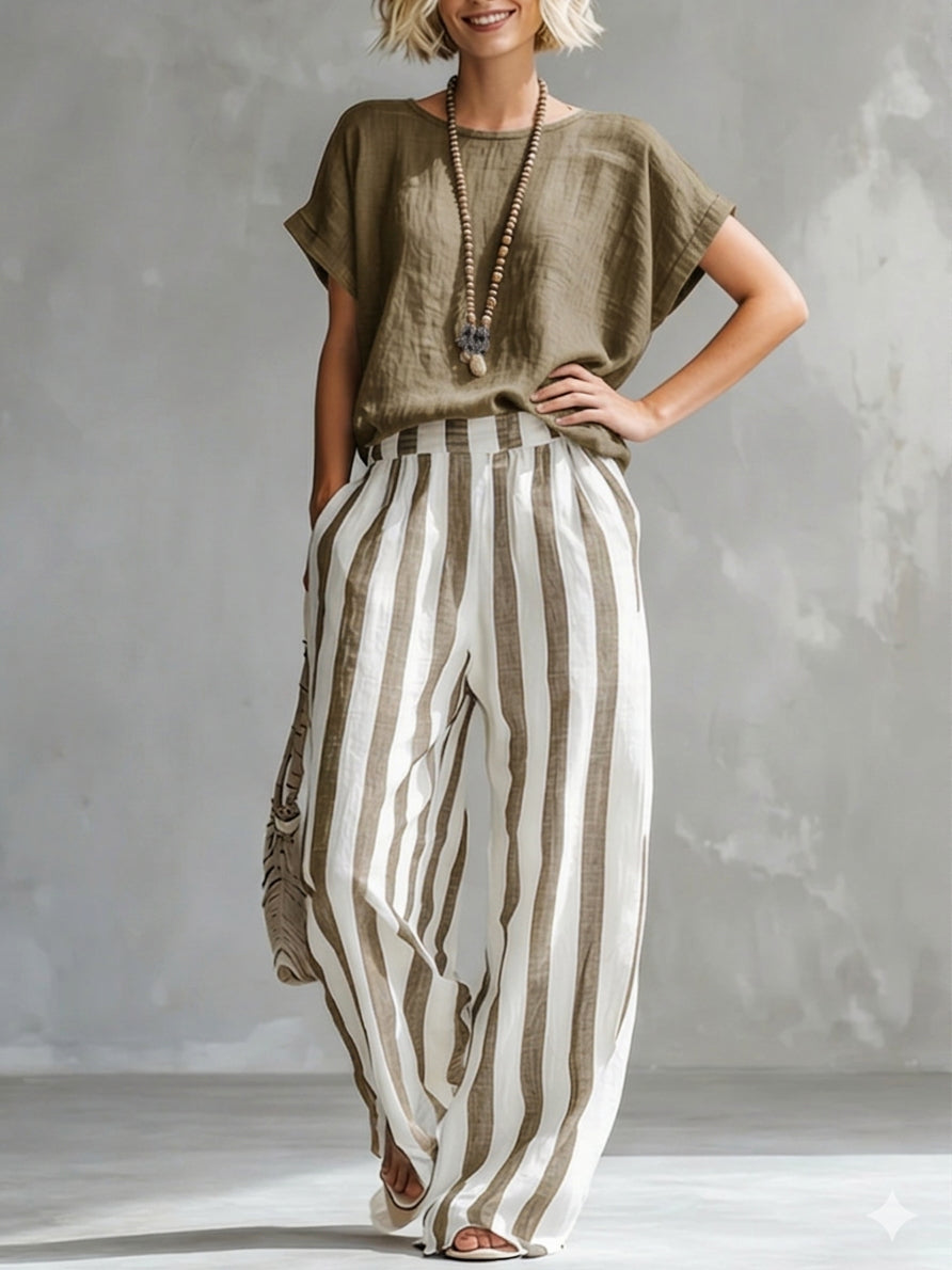 Cozy Loose-fit Striped Cotton-linen Two-piece Set