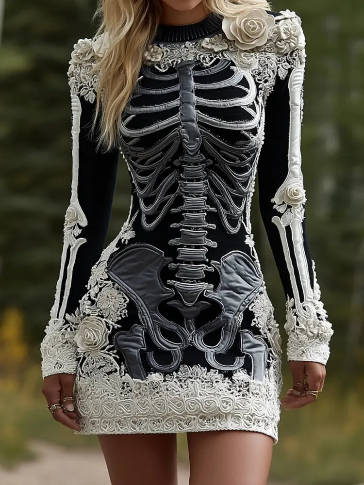 Women's Halloween Skeleton Bones Leather With Rose Pattern Art Hot Sexy Style Cozy Knit Mini Sweater Dress