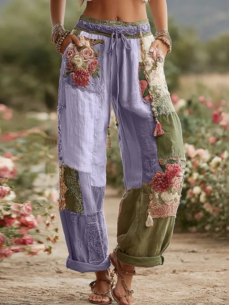 Love & Health Collection Retro Rose And Floral Patchwork Art Linen Pants