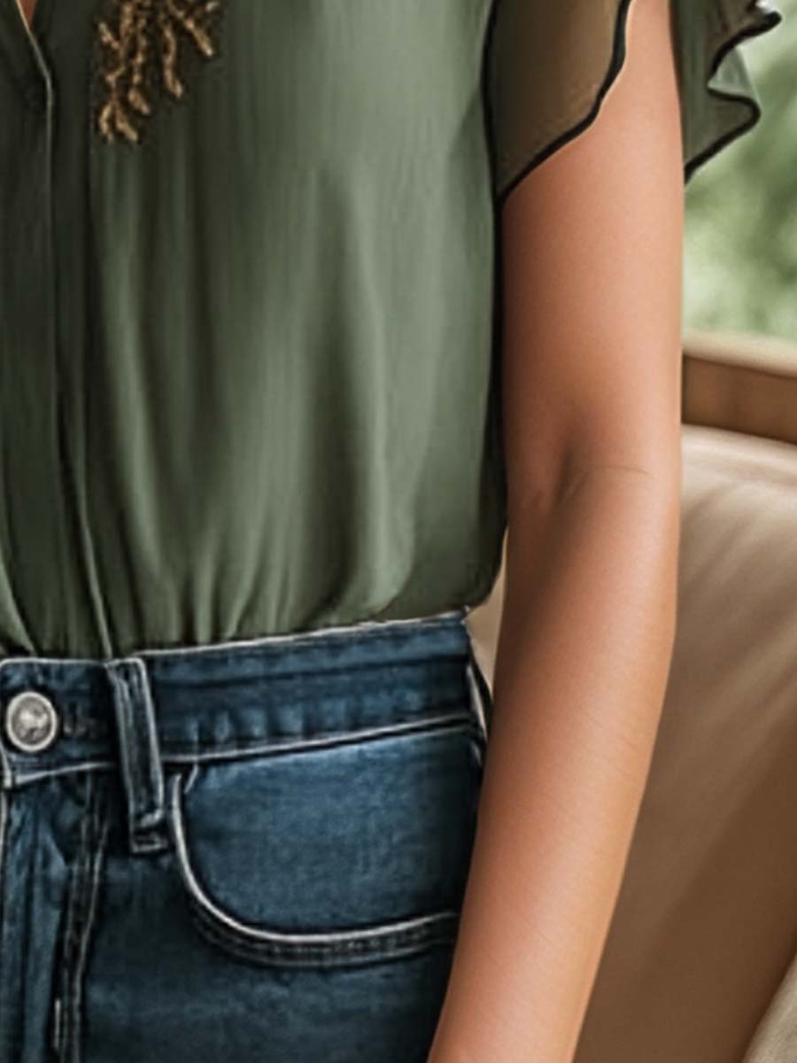 Vintage Embroidered Chiffon Short Sleeve Shirt