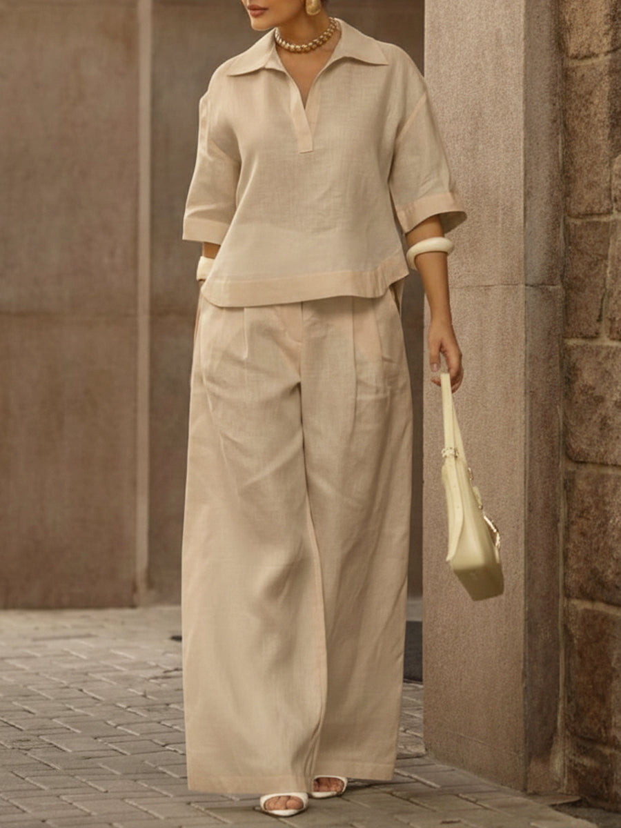 Women's Casual Linen And Cotton Shirt And Wide-leg Pants Two-piece Set