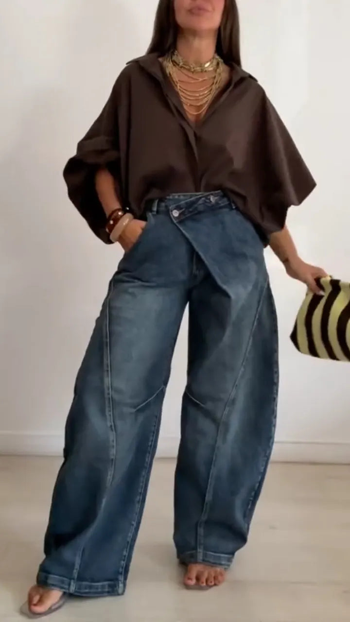 Asymmetrical Wrap Waist Baggy Wide‐Leg J+ Top Seteans