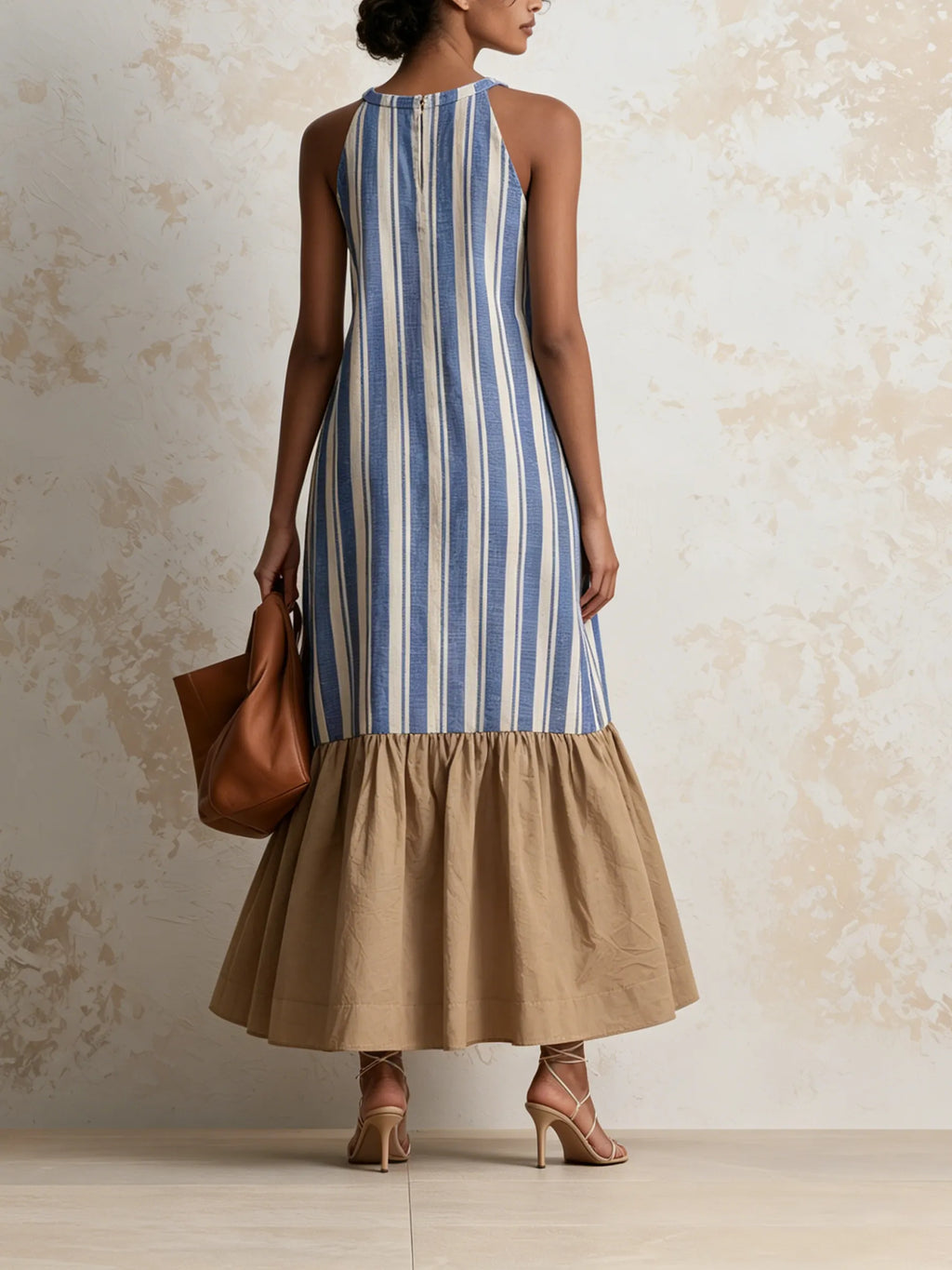 Halter Neck Vertical Stripe Midi Dress
