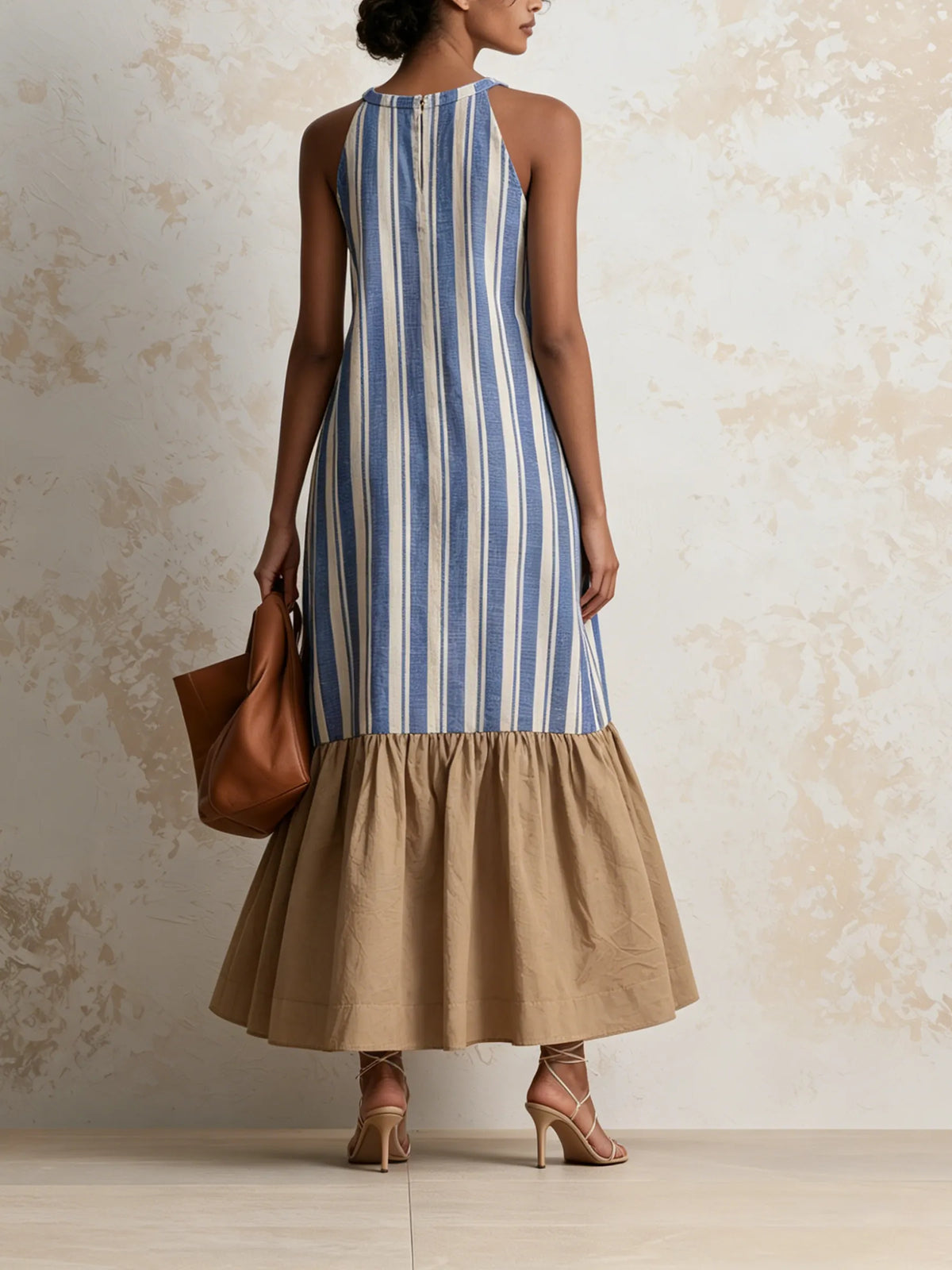 Halter Neck Vertical Stripe Midi Dress
