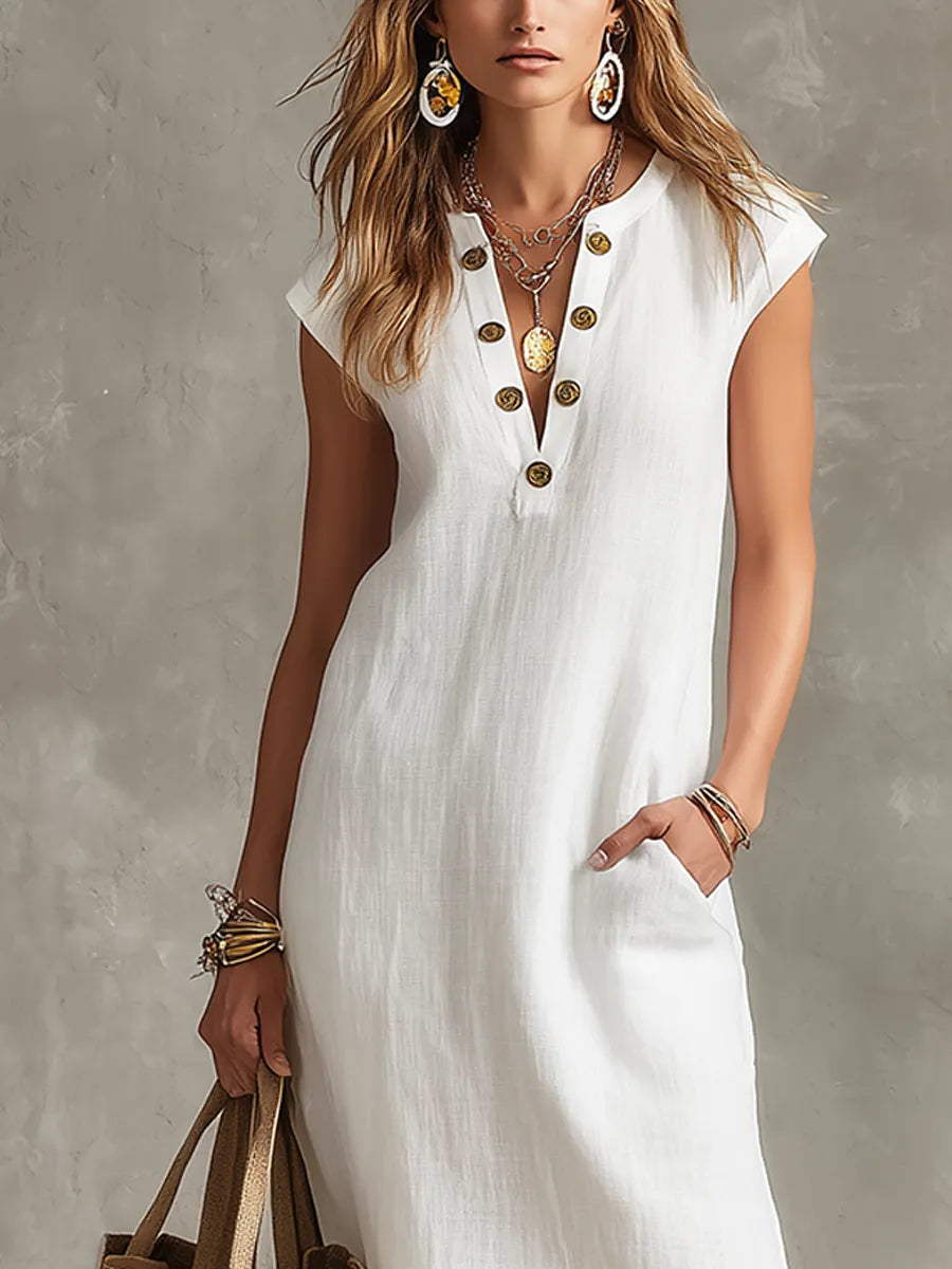 Minimalist White Linen Midi Dress