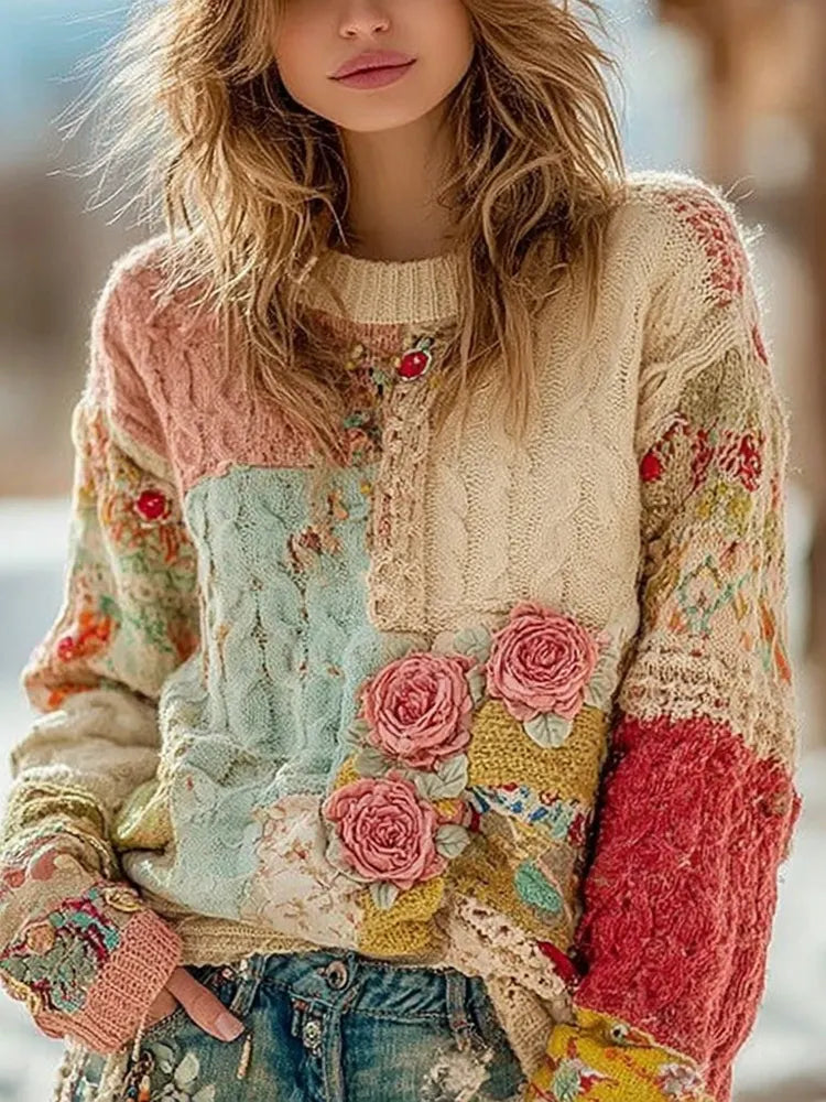 Women's Vintage Chunky Needle Rose Floral Stitching Warm Crew Neck Sweater