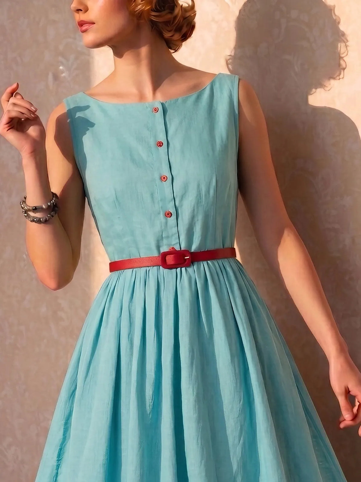Midi Cotton Dress, Sleeveless, Boat Neck, Button Design, Vintage, Blue
