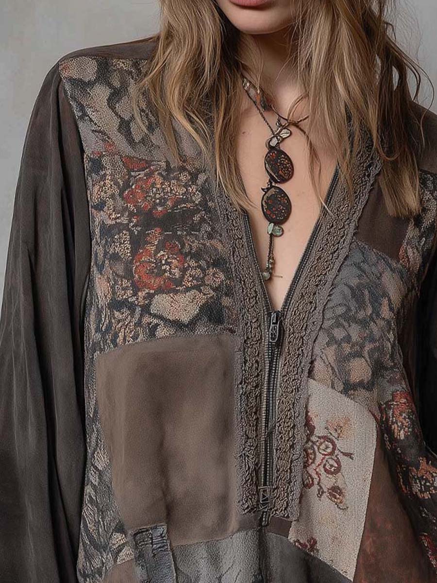 Bohemian Patchwork Eco-Suede Top With Vintage Floral Prints