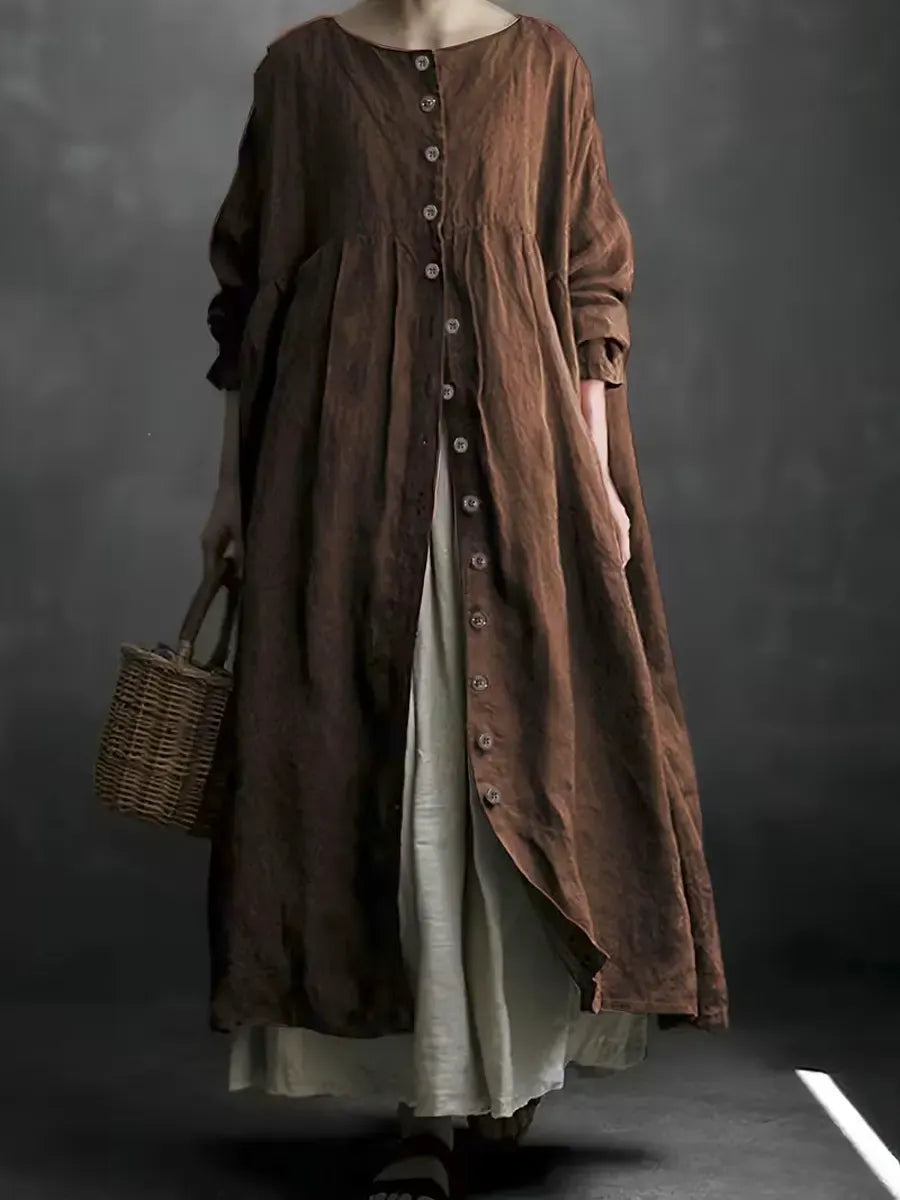 Women's Solid Color Art Casual Long Sleeve Cotton Linen Dress