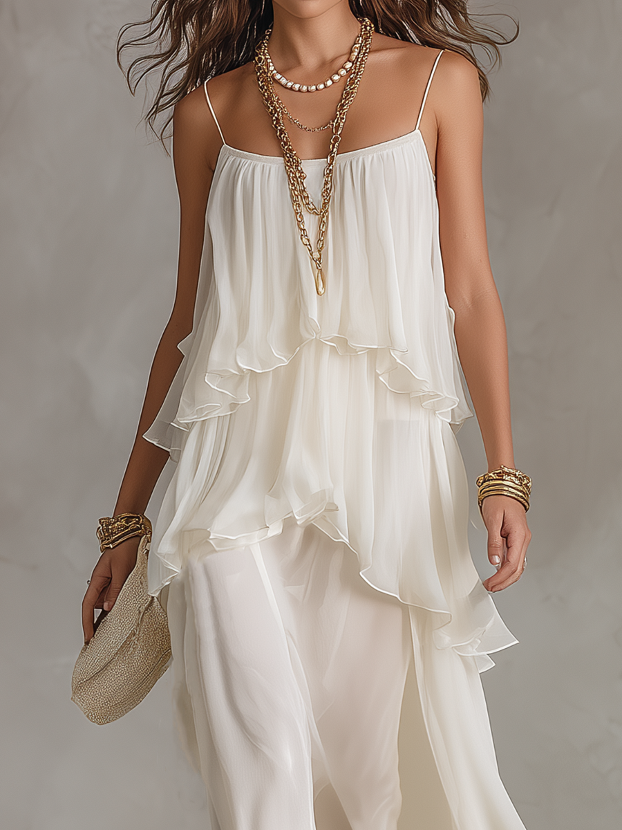 Romantic Sheer Tiered Chiffon Maxi Dress
