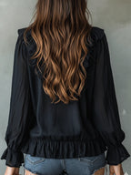 Romantic Bohemian Ruffle Trim V-Neck Lightweight Black Blouse