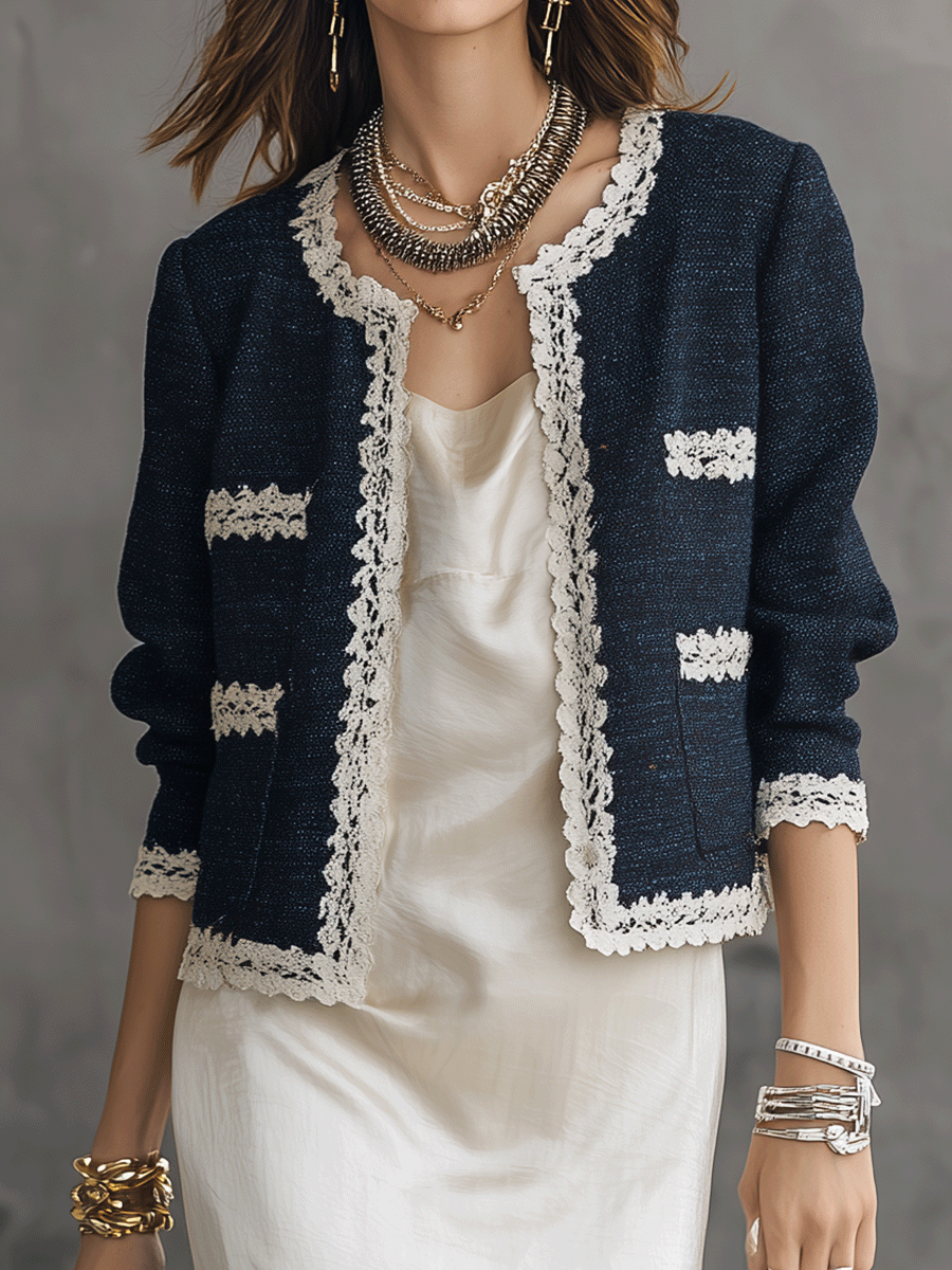 Tweed Lace-Trim Cropped Jacket & Satin Slip Dress Two-Piece Set