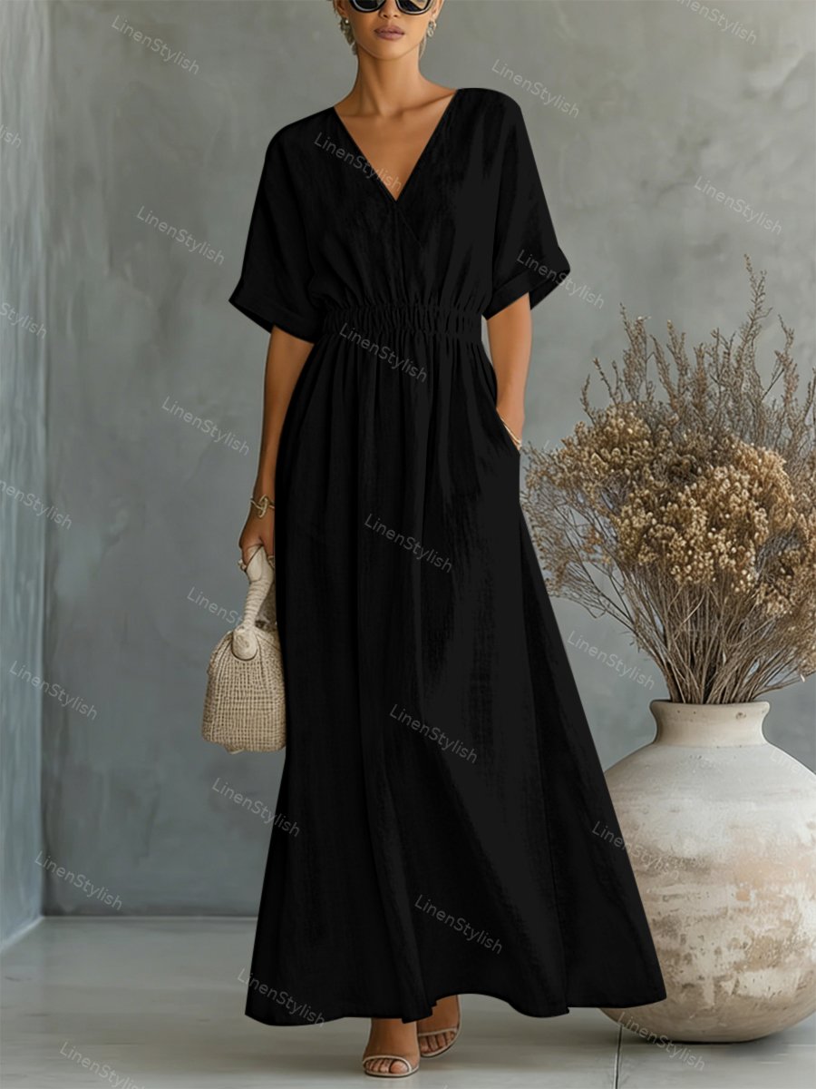 Casual V-neck Cotton-linen Short-sleeve Dress