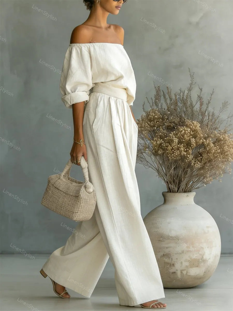 Fashionable Two-Piece Shoulder Top & Wide Leg Pants Set