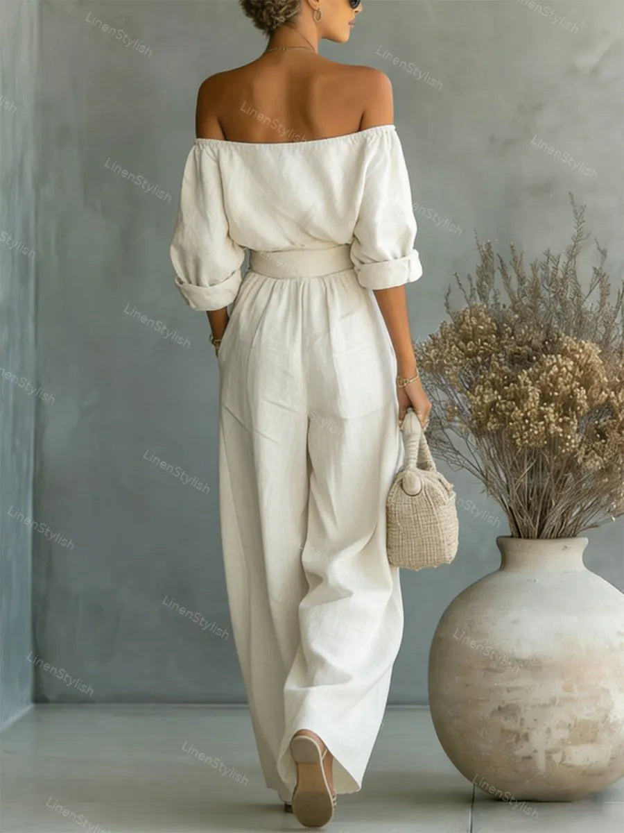 Fashionable Two-Piece Shoulder Top & Wide Leg Pants Set