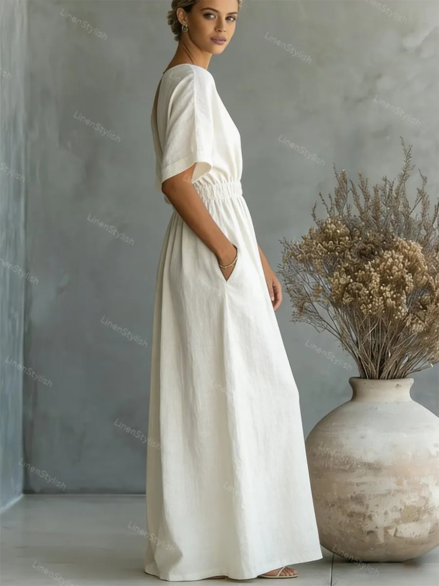 Casual V-neck Cotton-linen Short-sleeve Dress