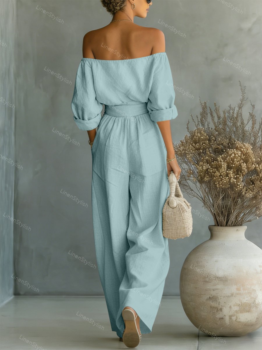 Fashionable Two-Piece Shoulder Top & Wide Leg Pants Set