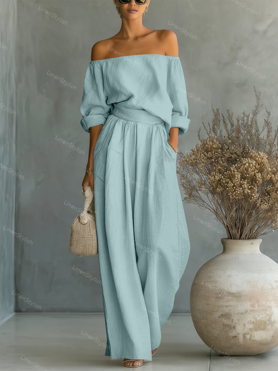 Fashionable Two-Piece Shoulder Top & Wide Leg Pants Set