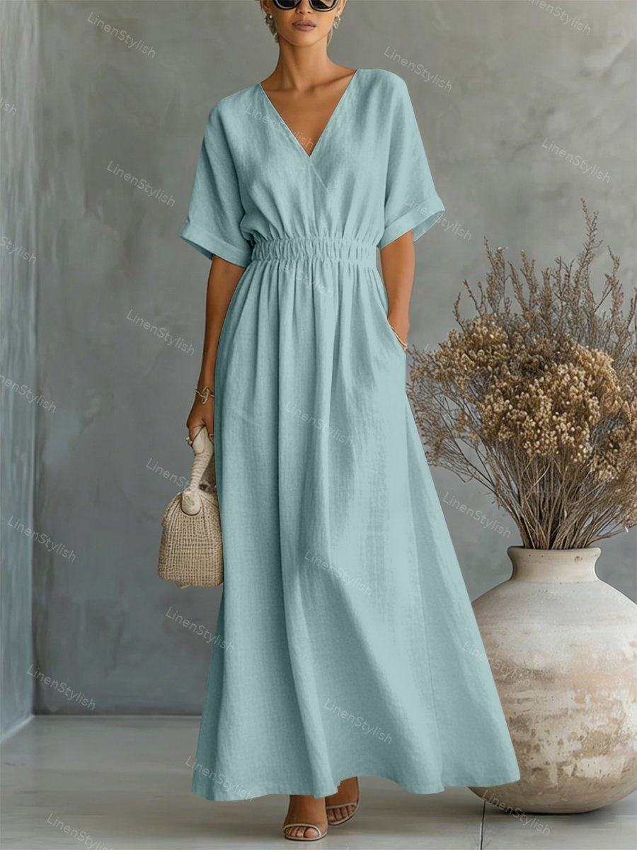 Casual V-neck Cotton-linen Short-sleeve Dress