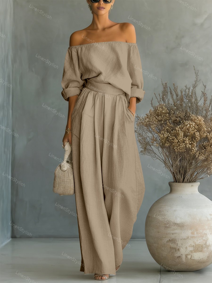 Fashionable Two-Piece Shoulder Top & Wide Leg Pants Set