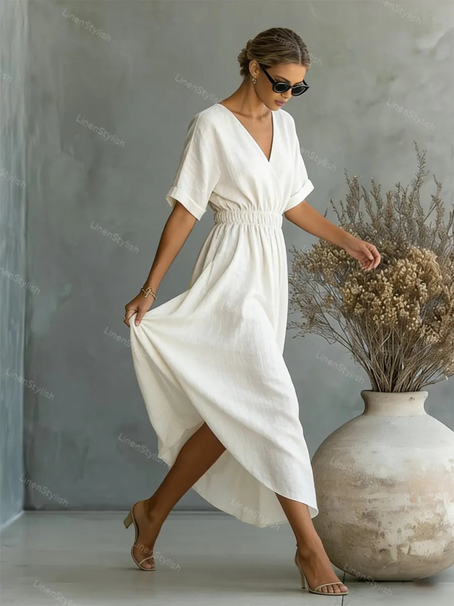 Casual V-neck Cotton-linen Short-sleeve Dress