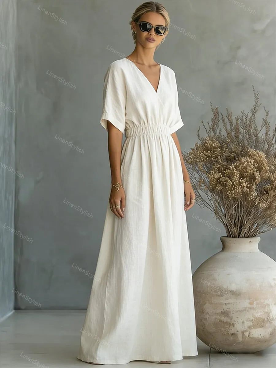 Casual V-neck Cotton-linen Short-sleeve Dress