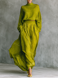 Fashion Cotton And Linen High Collar Top & Skirt Two-Piece Set