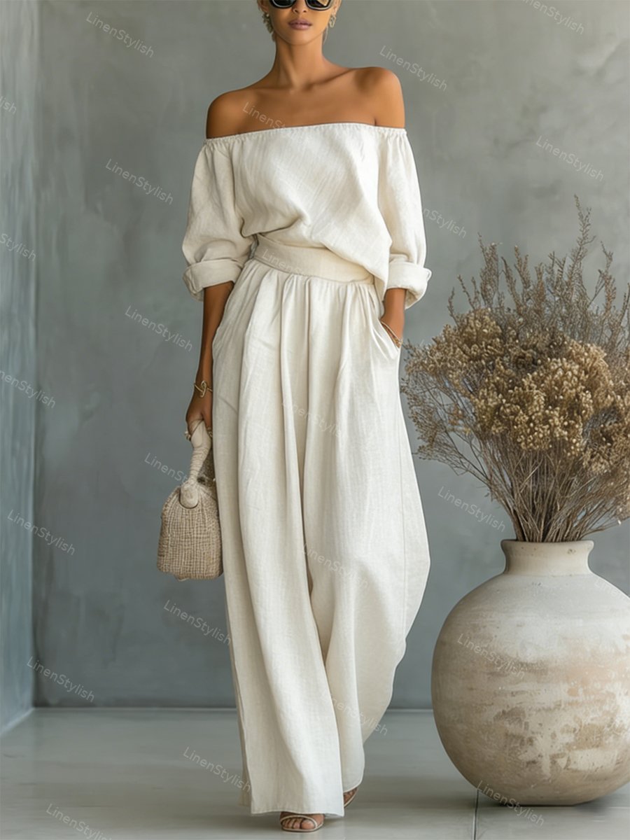 Fashionable Two-Piece Shoulder Top & Wide Leg Pants Set