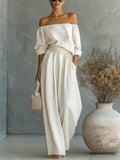 Fashionable Two-Piece Shoulder Top & Wide Leg Pants Set