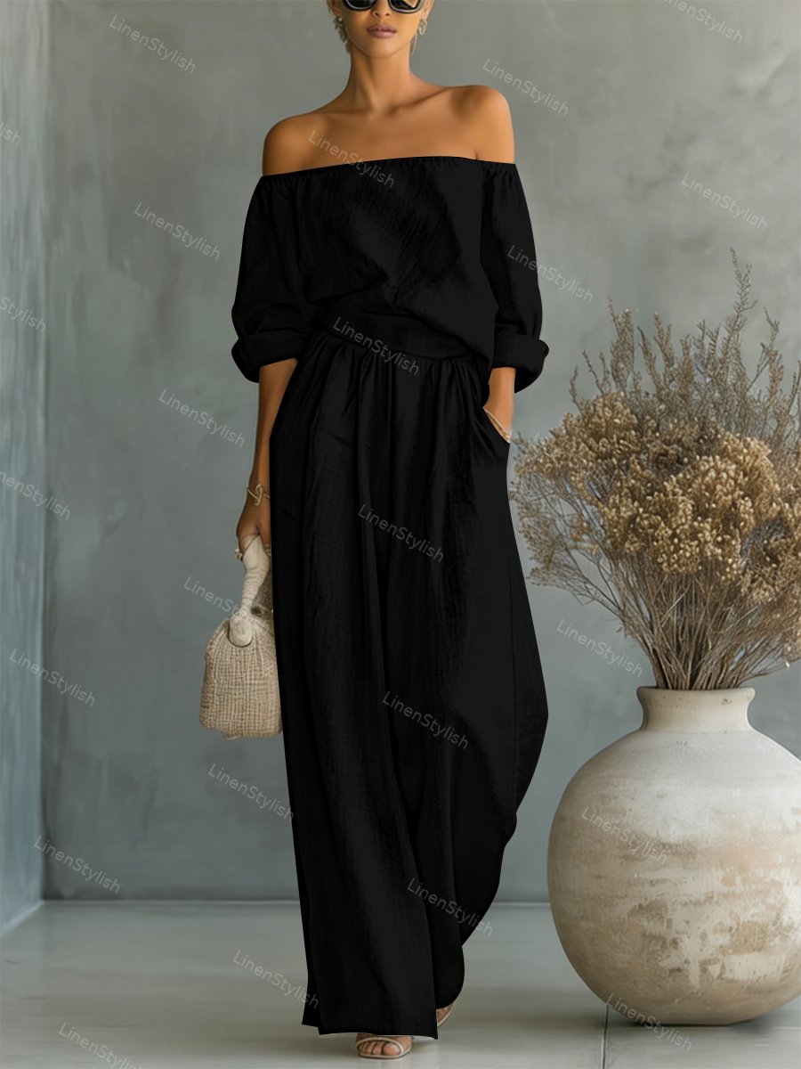 Fashionable Two-Piece Shoulder Top & Wide Leg Pants Set