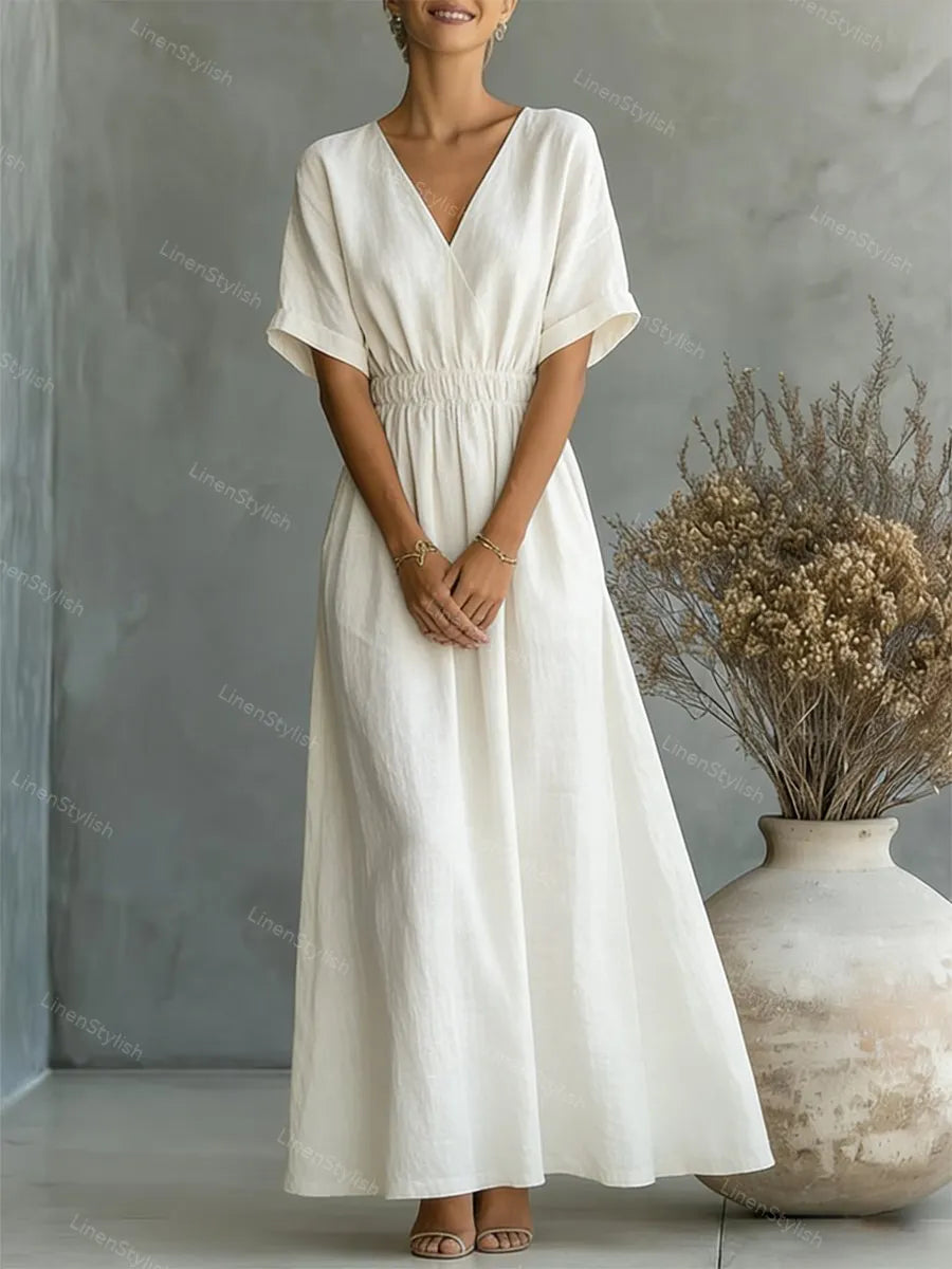 Casual V-neck Cotton-linen Short-sleeve Dress