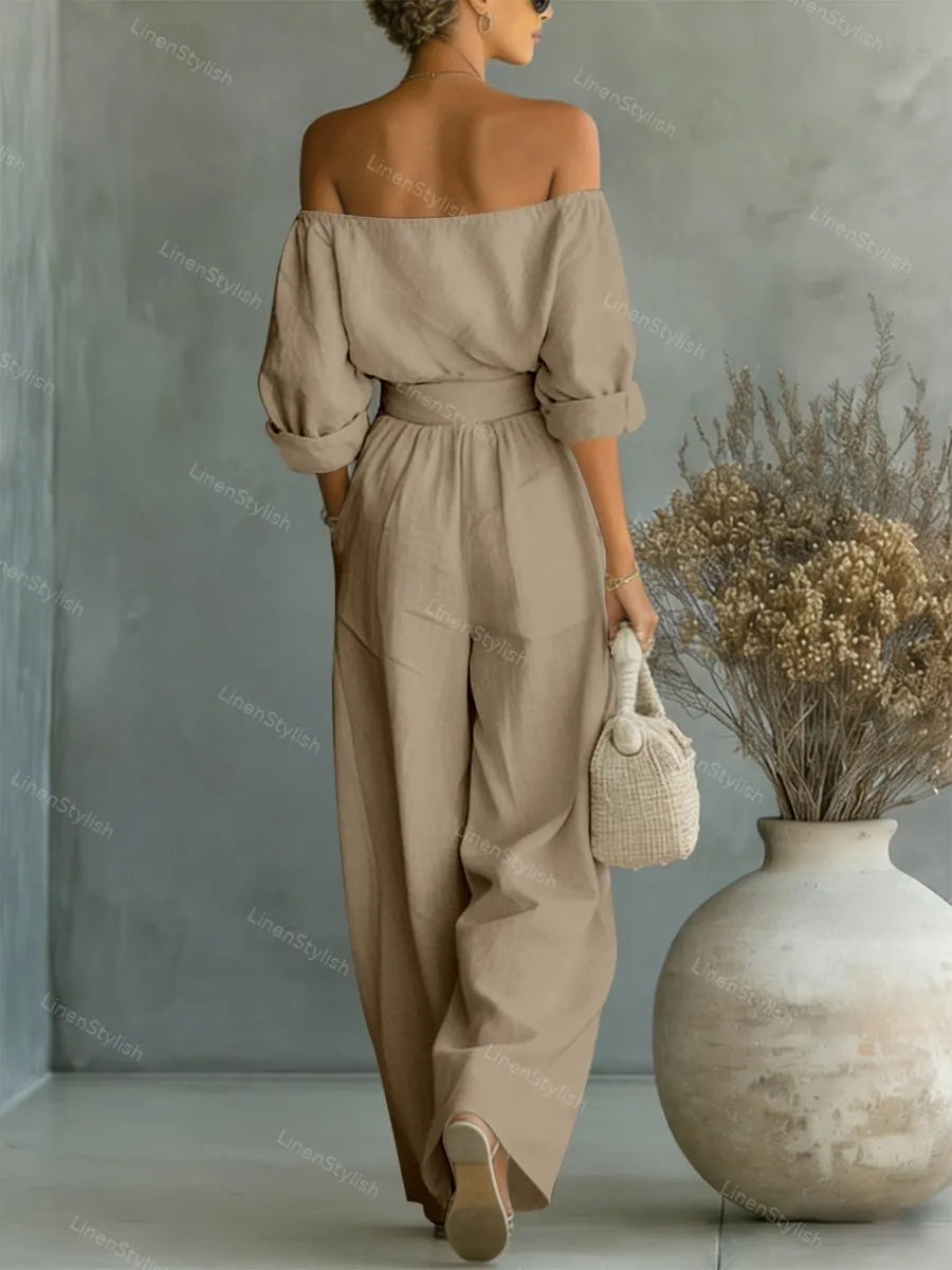 Fashionable Two-Piece Shoulder Top & Wide Leg Pants Set