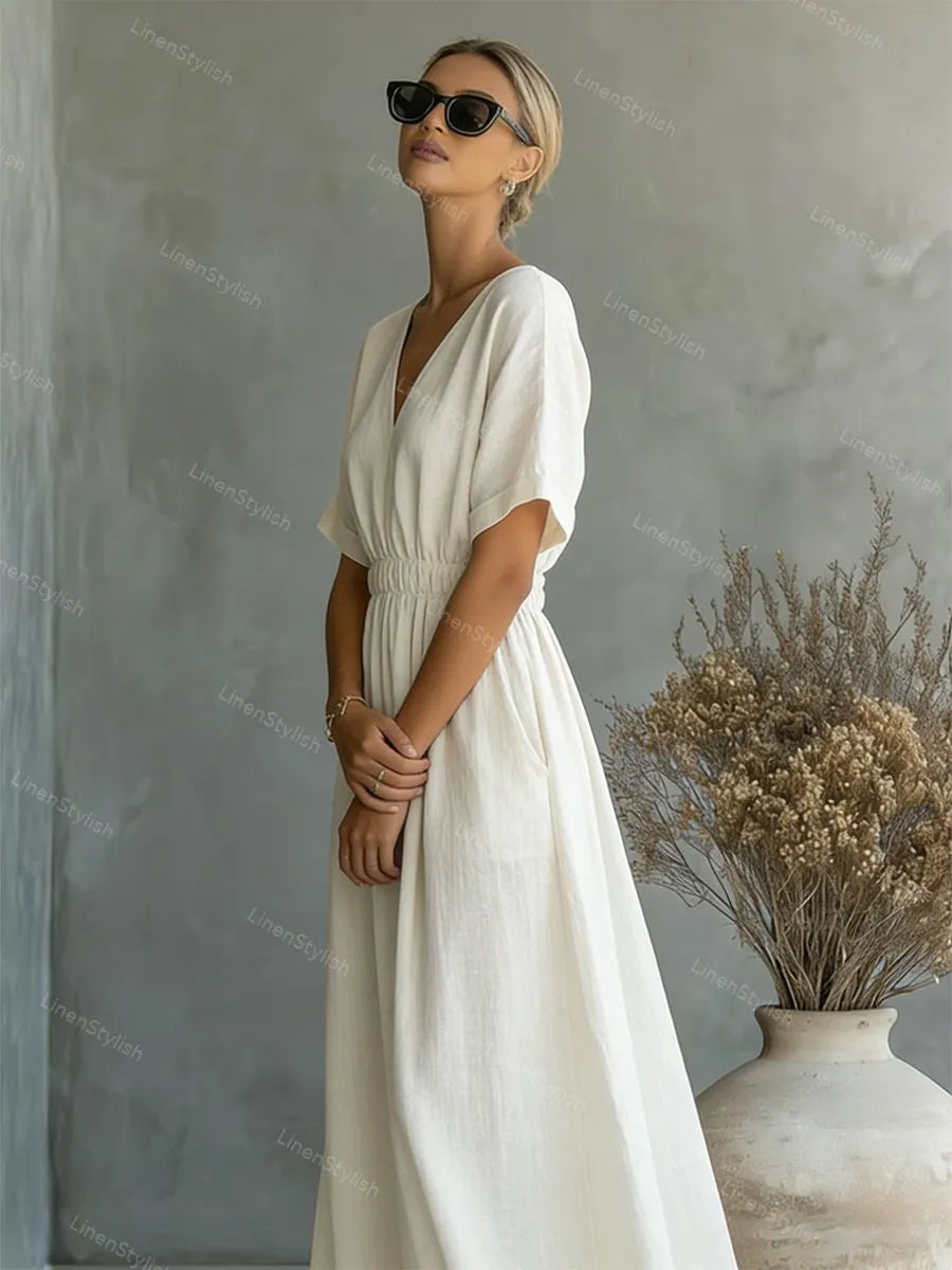 Casual V-neck Cotton-linen Short-sleeve Dress