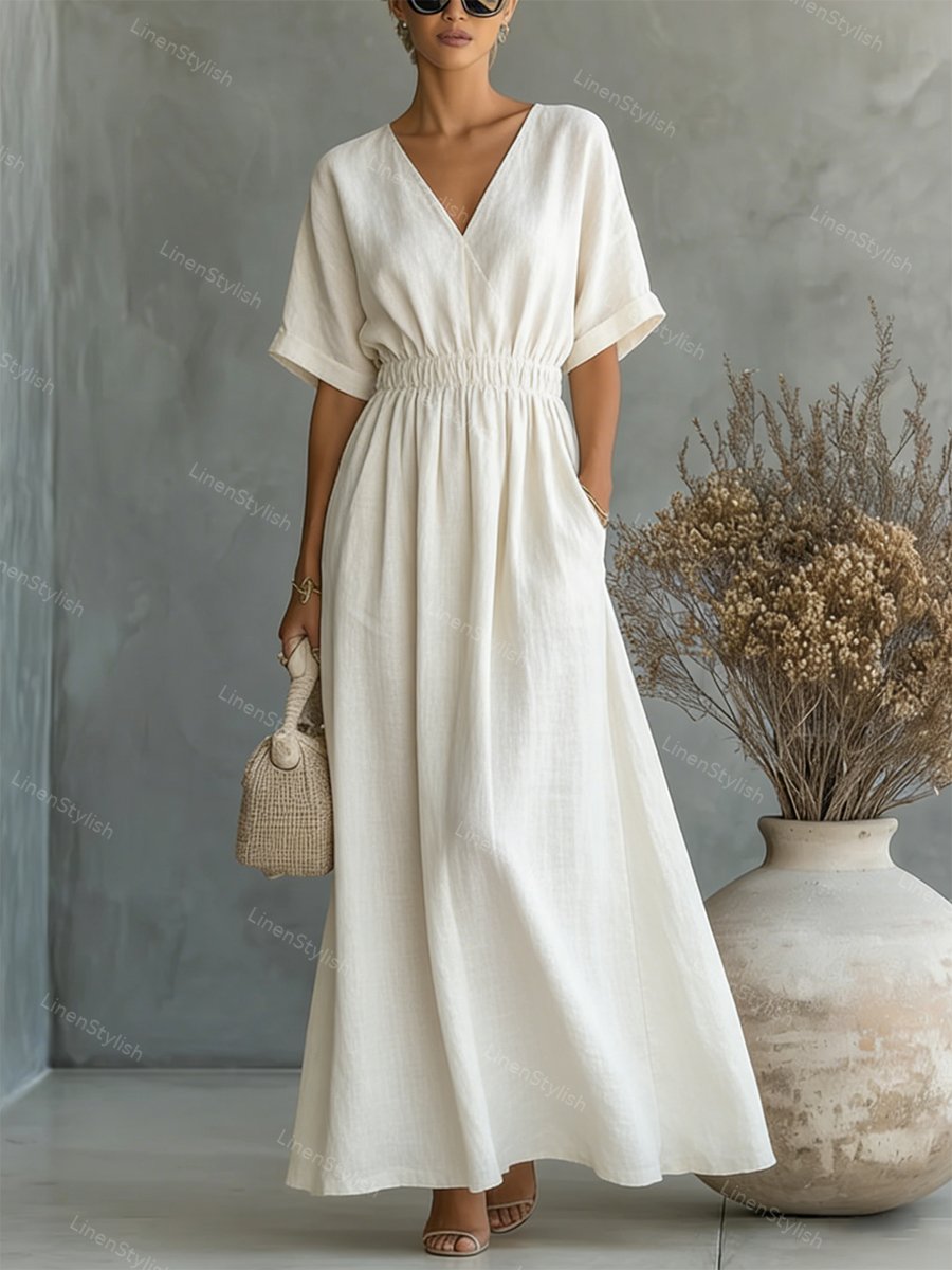 Casual V-neck Cotton-linen Short-sleeve Dress