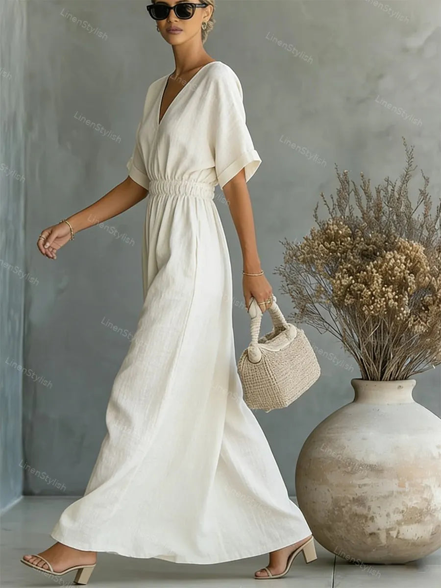 Casual V-neck Cotton-linen Short-sleeve Dress