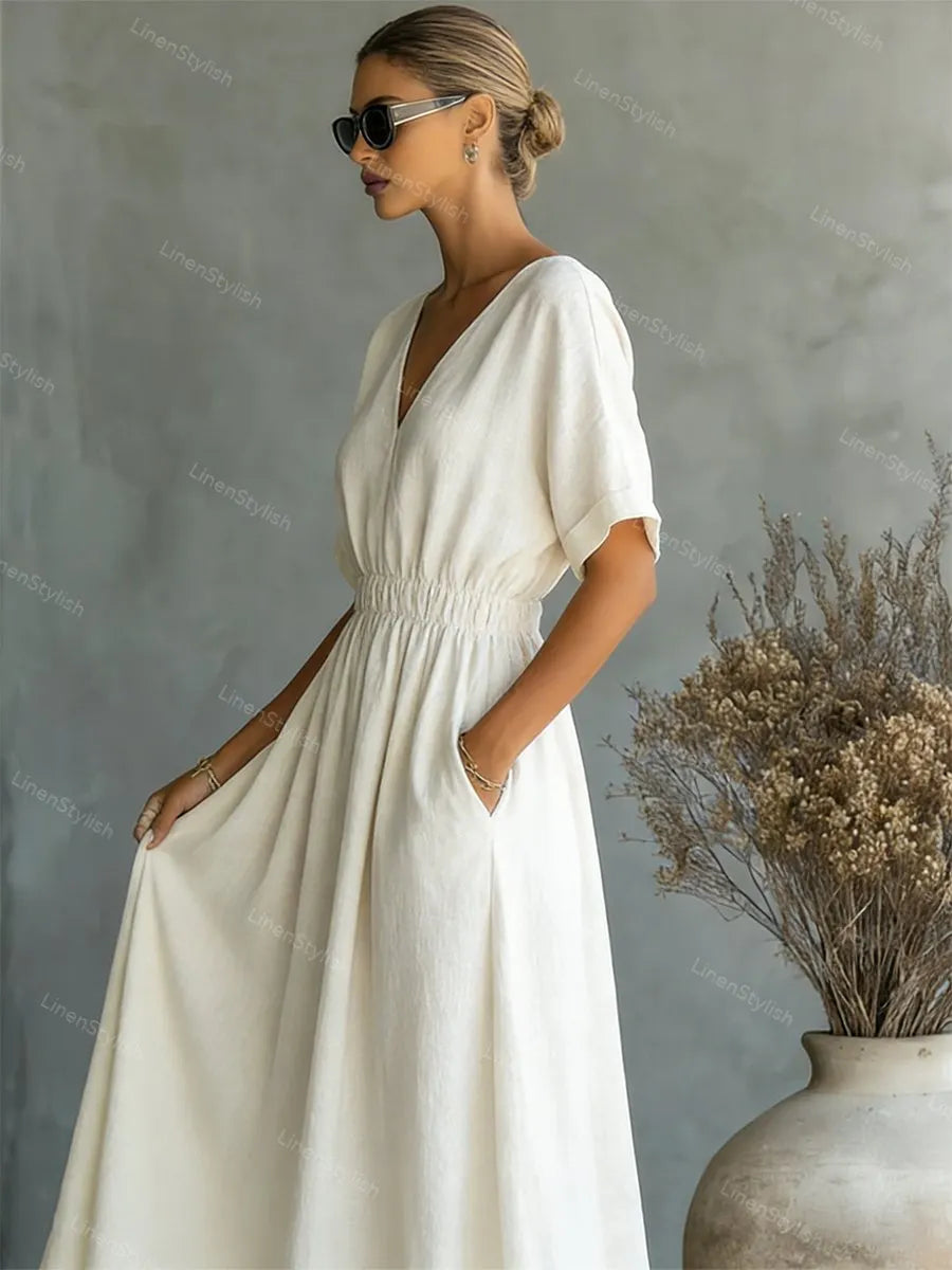 Casual V-neck Cotton-linen Short-sleeve Dress