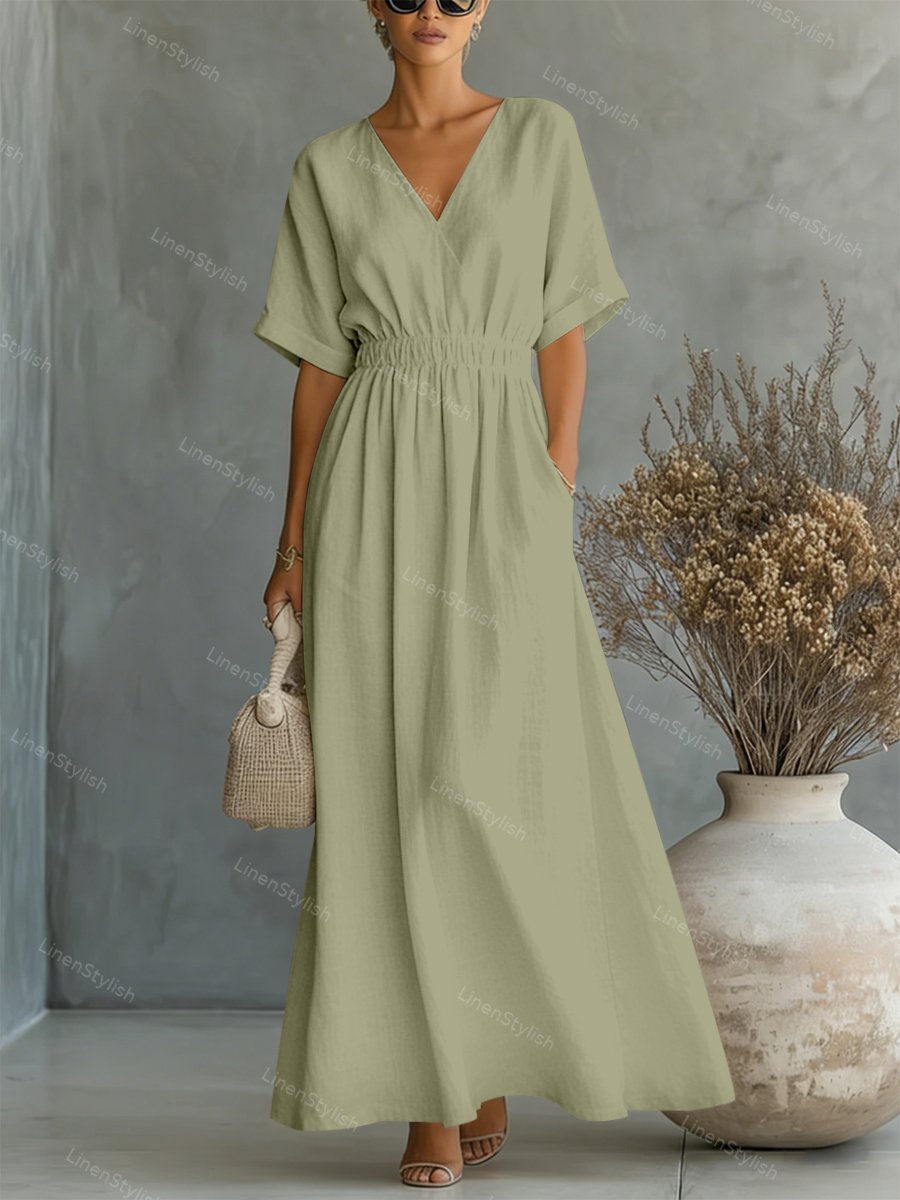 Casual V-neck Cotton-linen Short-sleeve Dress