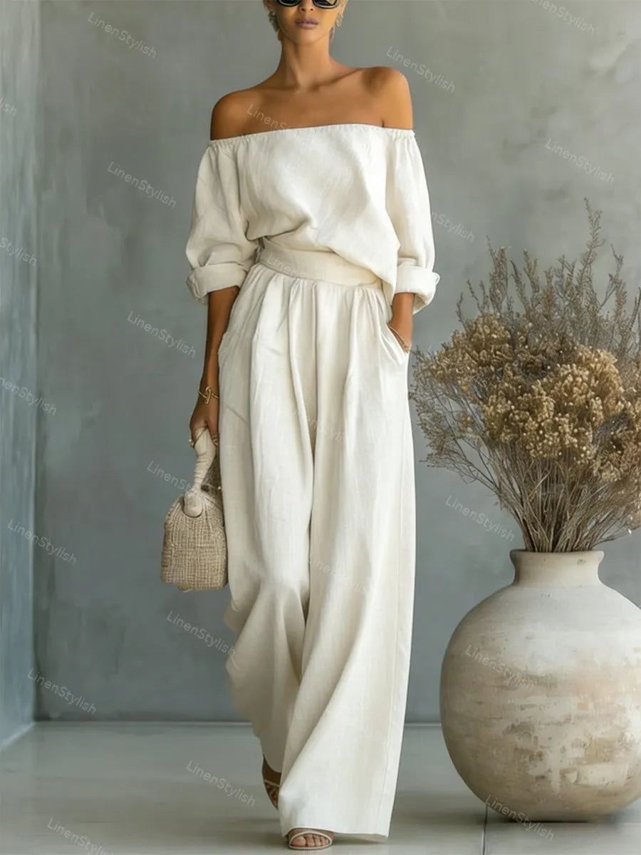 Fashionable Two-Piece Shoulder Top & Wide Leg Pants Set