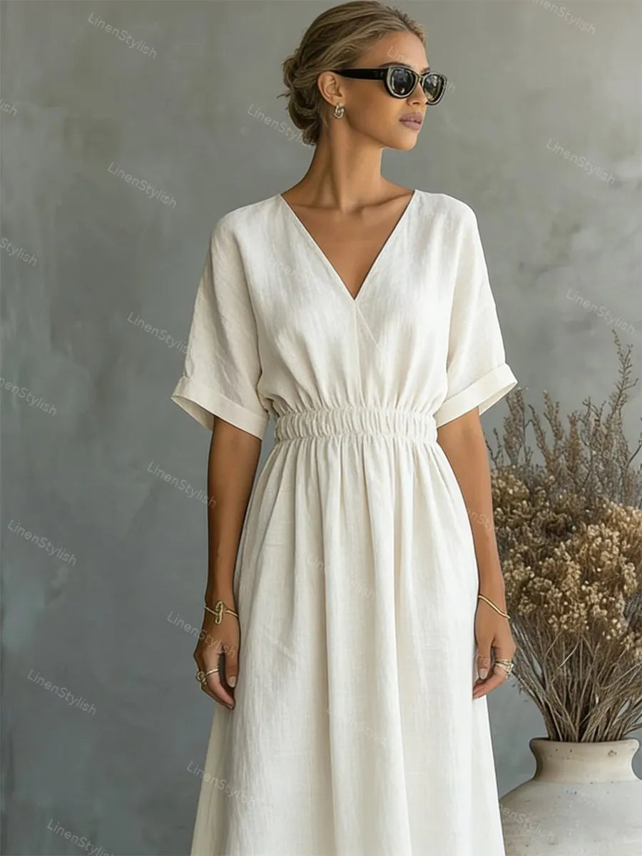 Casual V-neck Cotton-linen Short-sleeve Dress