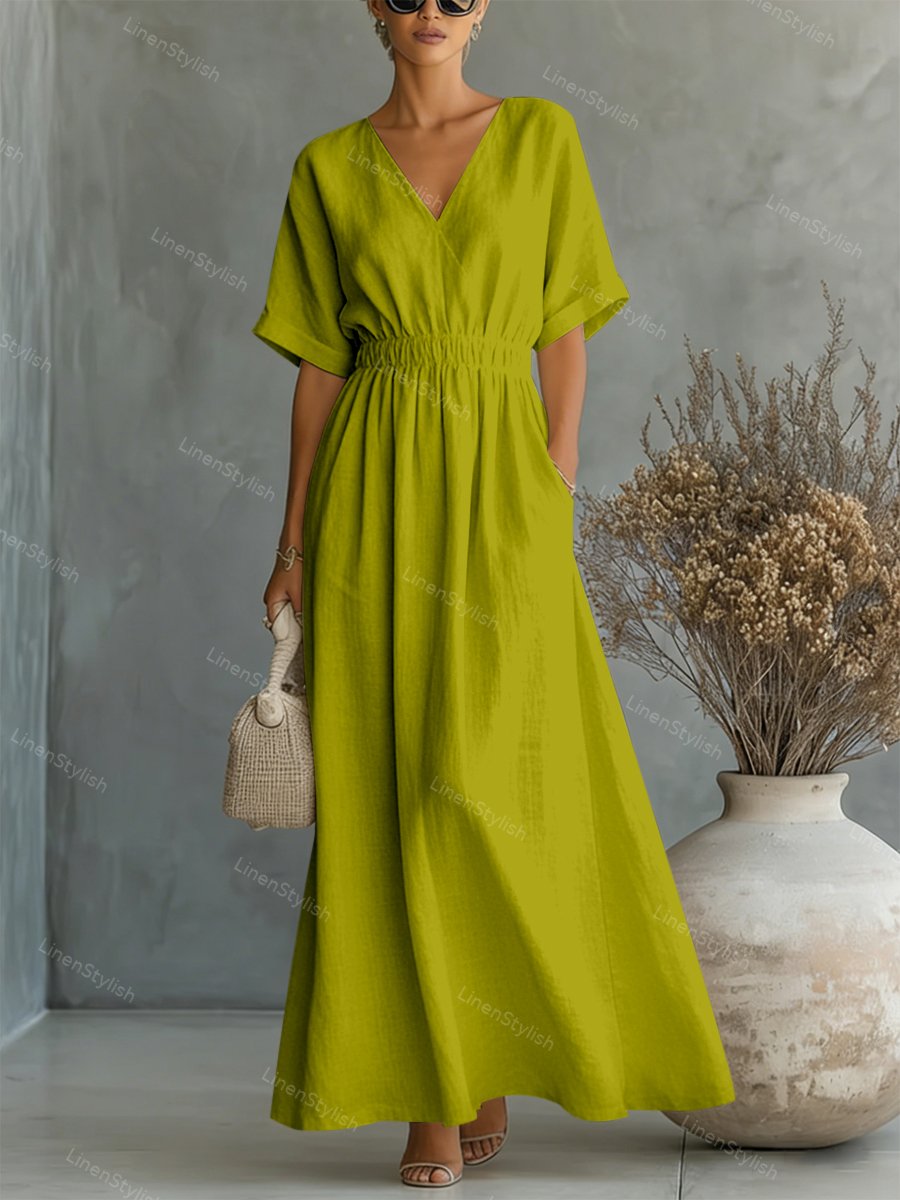Casual V-neck Cotton-linen Short-sleeve Dress